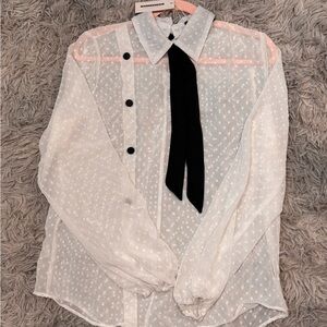 CBR White Sheer Polka Dot Dress Shirt with Black Tie